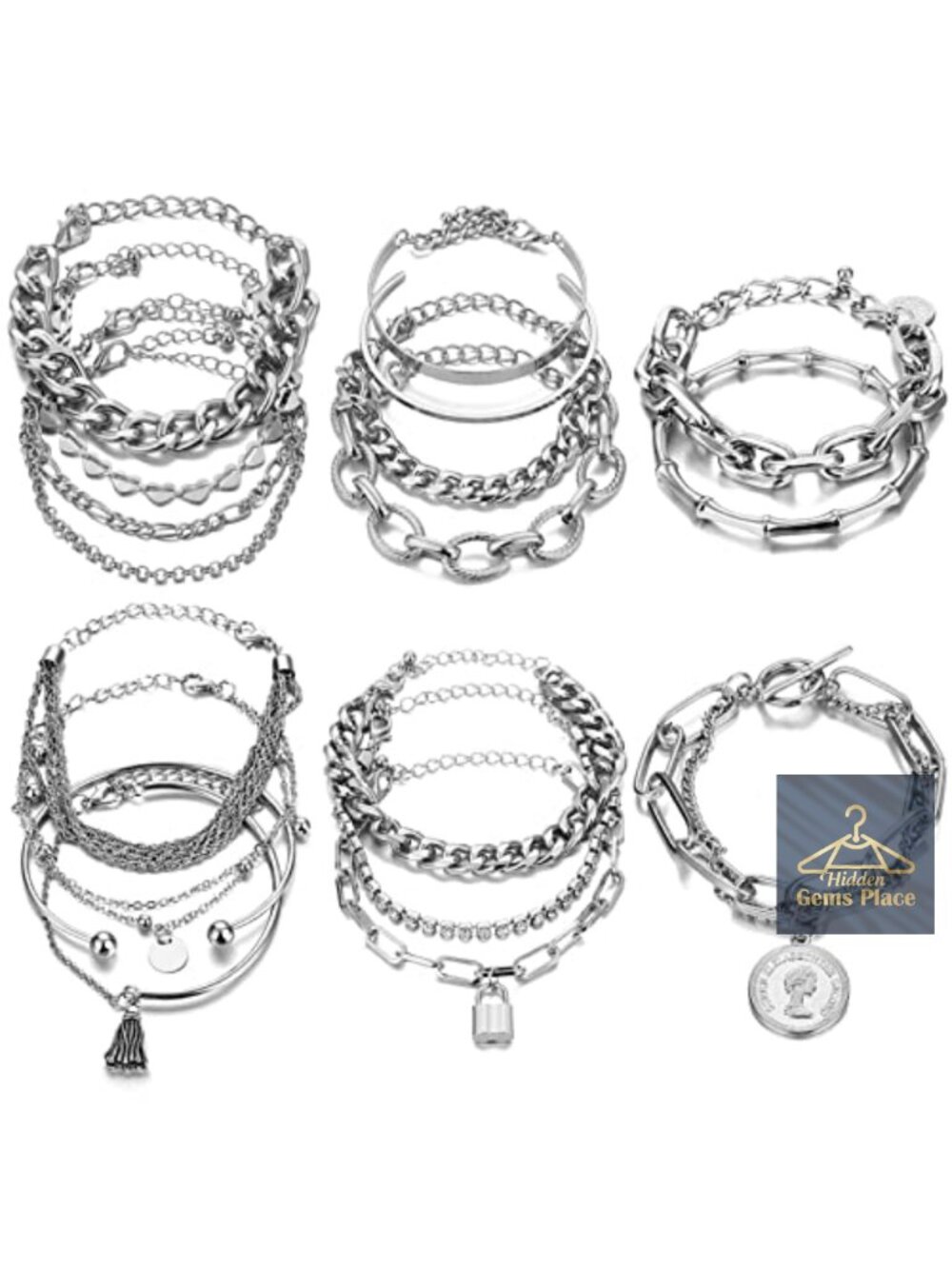 18pc Chunky Dainty Bangle & Chain Bracelet Set Alloy